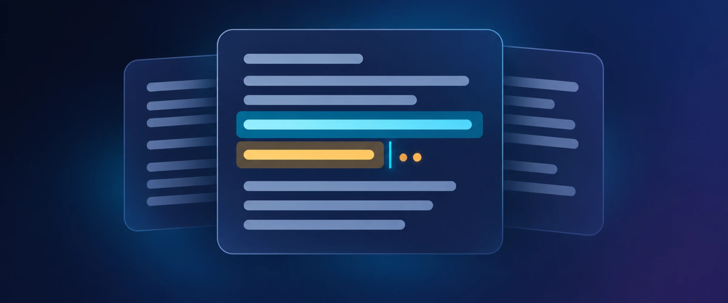 Abstrakte Illustration: ein Textfeld mit Textzeilen, eine lange Zeile cyanfarben markiert, darunter eine kürzere bernsteinfarbene Zeile mit Textcursor