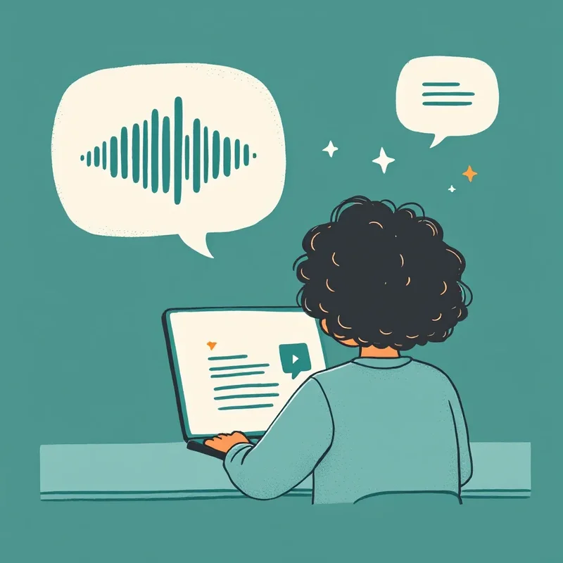 Illustration: eine Person am Laptop, eine Sprechblase mit Sound-Wellenform und eine weitere mit fließendem Text.