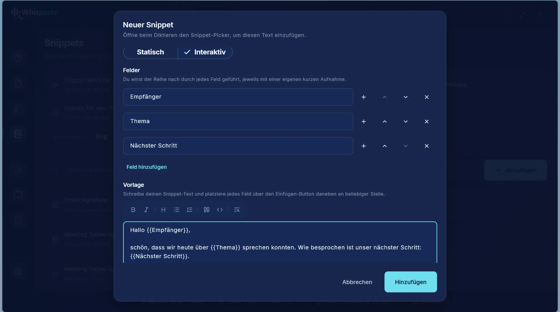 Guided snippets fill in every field by voice
