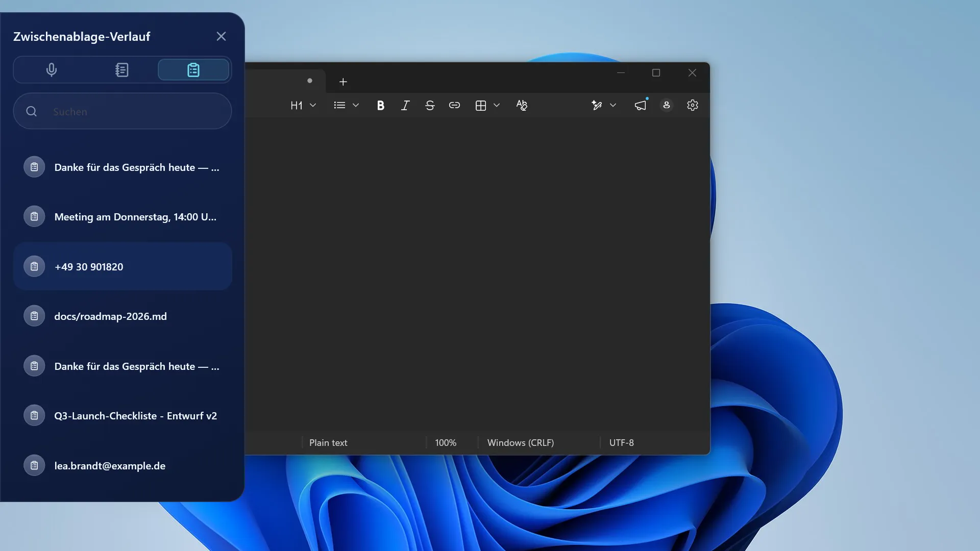 Your clipboard and transcripts, one edge-pull away