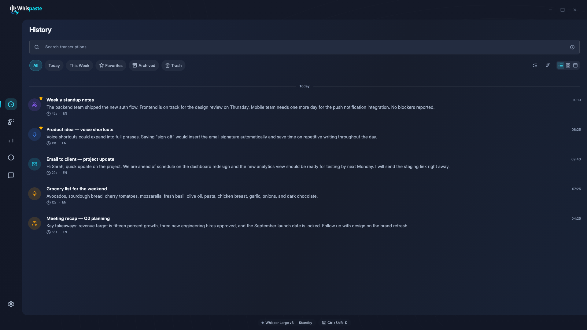 WhisPaste workspace — dark theme