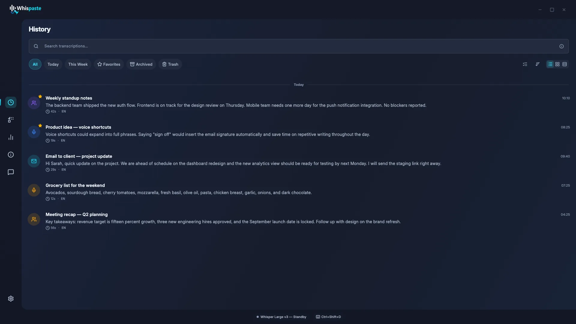 WhisPaste workspace — dark theme