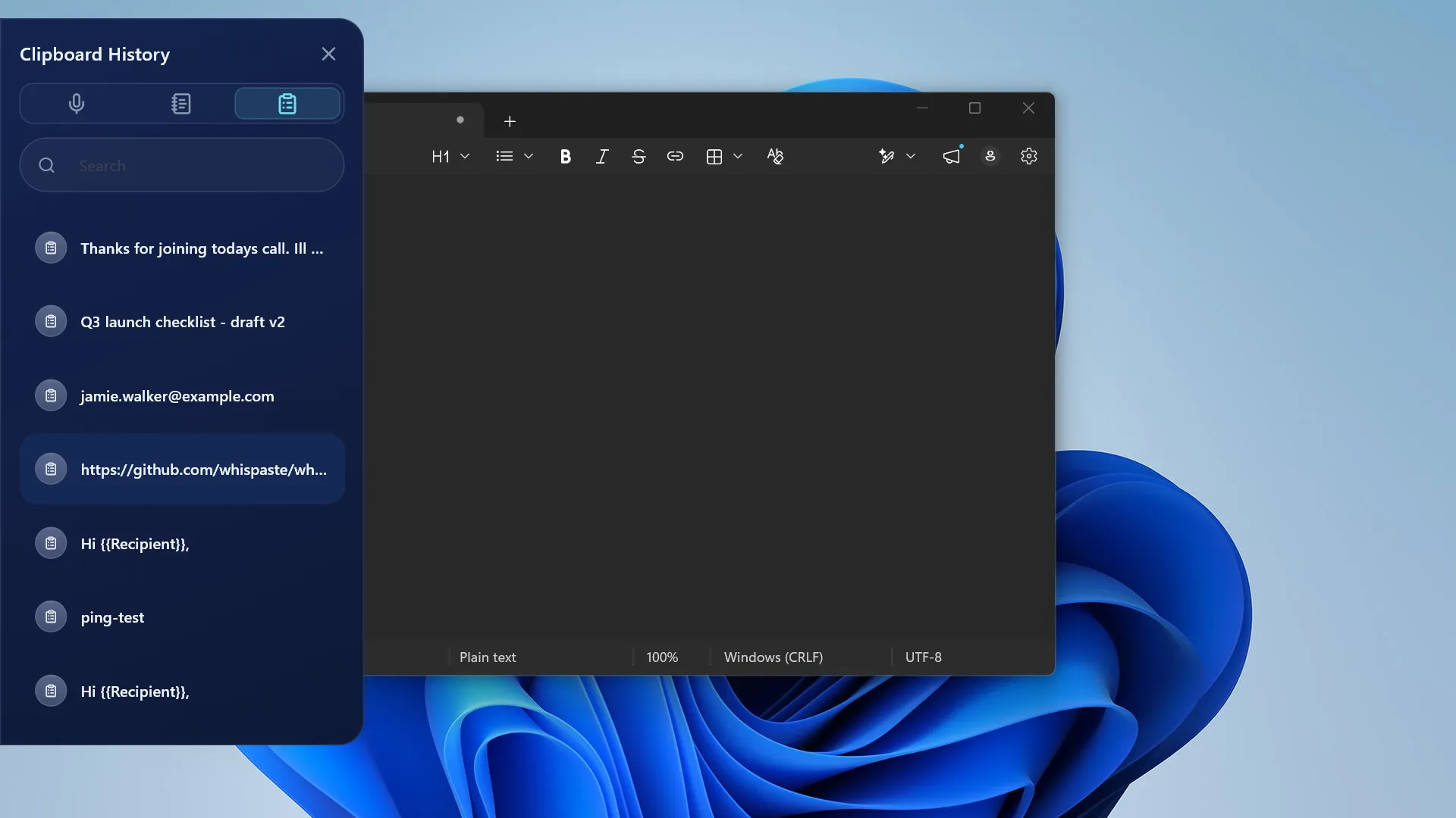 Your clipboard and transcripts, one edge-pull away
