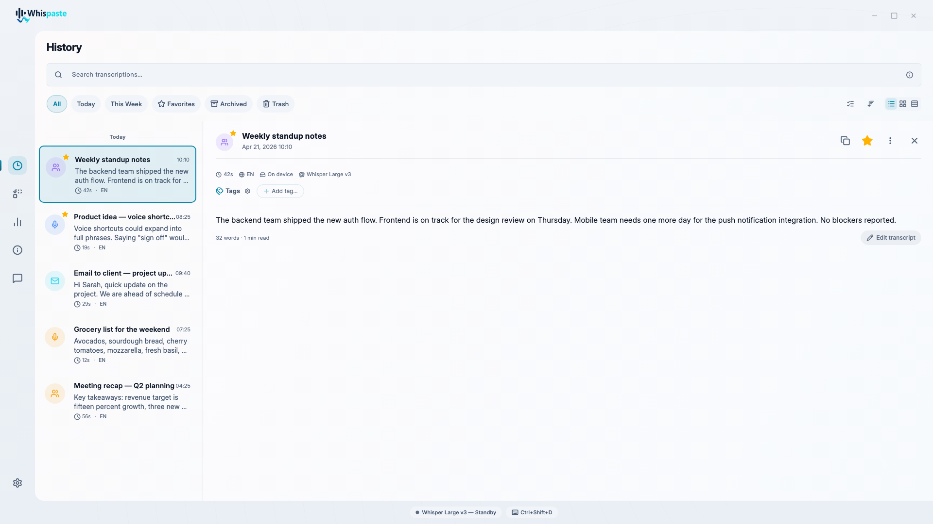 WhisPaste detail editor — light theme